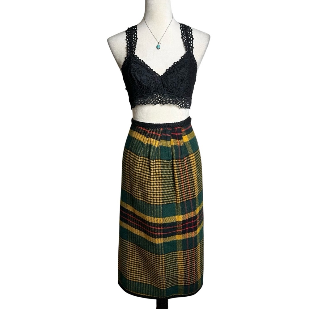 Vintage Yellow Plaid Tartan Wrap Knit Midi Skirt XXS‎ | Dark Academia Scholarly